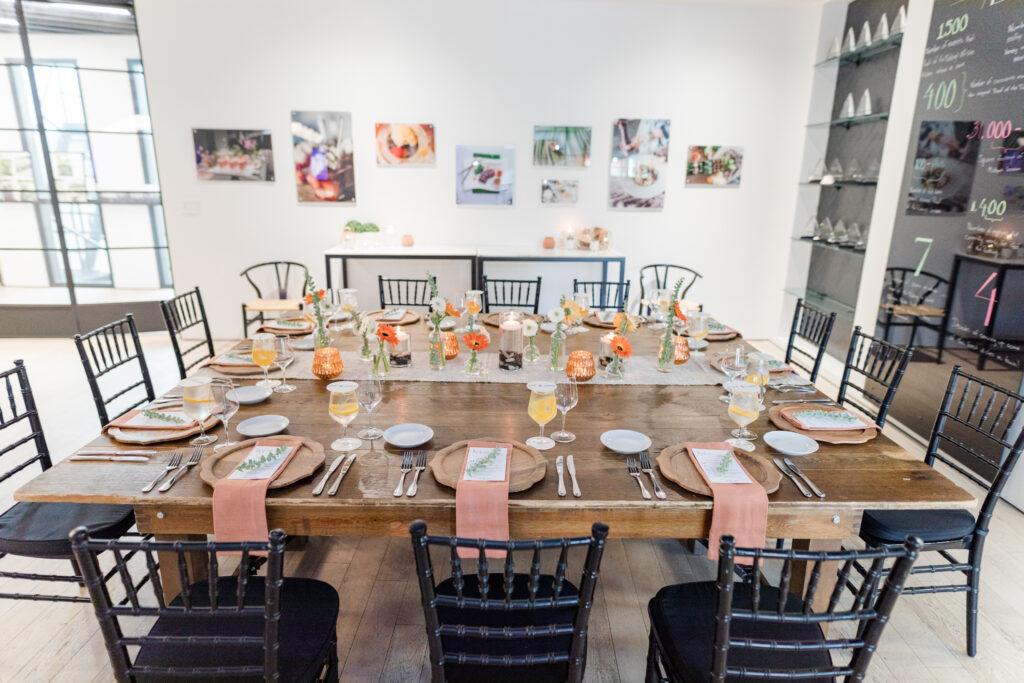 table setup with flowers and charger plates