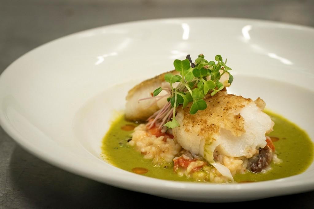 Atlantic Cod Meuniere paired with Mediterranean Risotto and Basil Broth