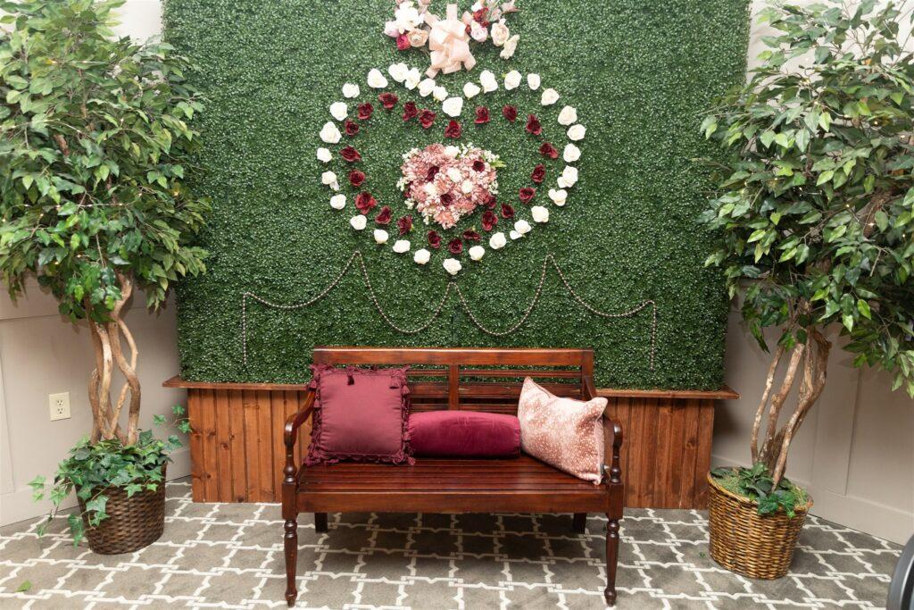 Decorative floral wall with red and white roses